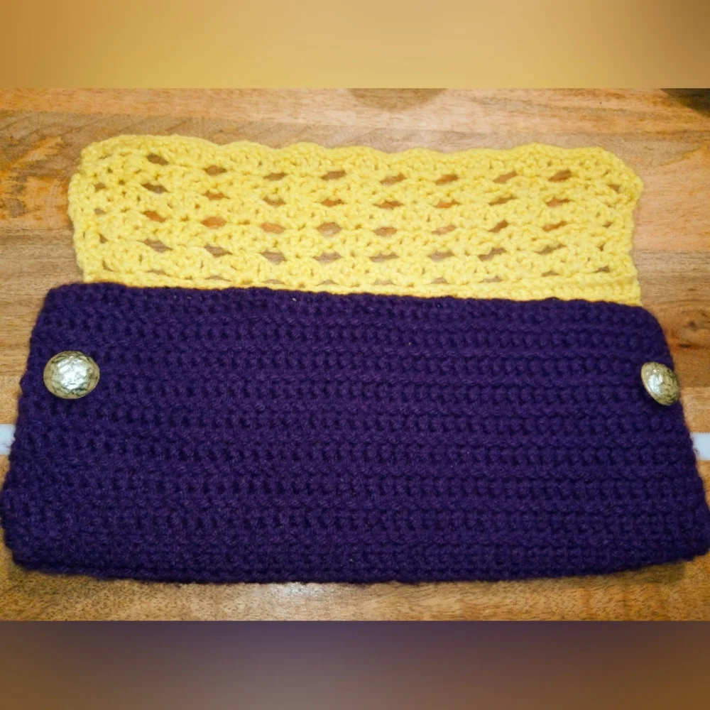 Handcrafted Crochet Clutch in Purple & Yellow with Pearlized Bead Buttons